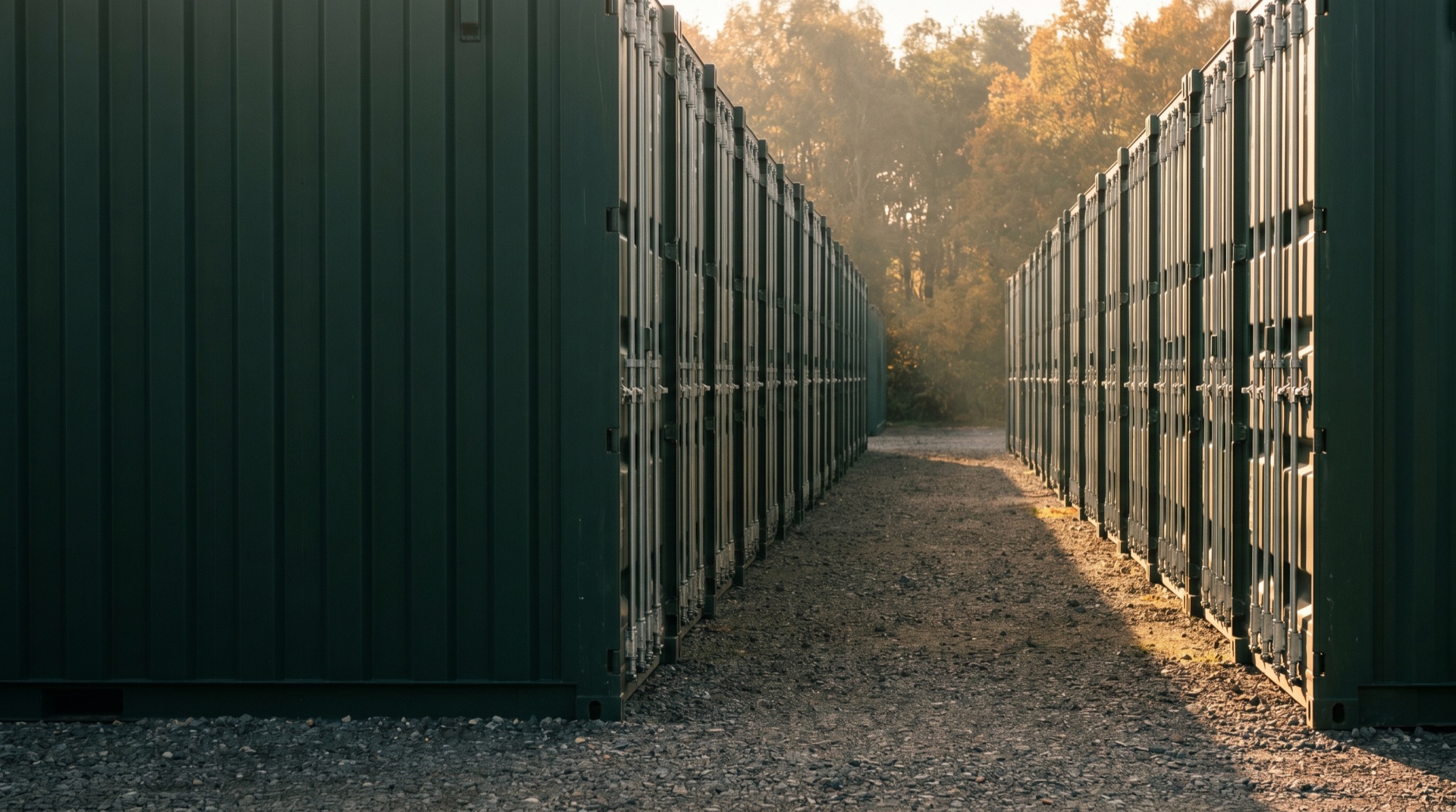 Looking down a clean aisle of dark-green shipping container storage units at SOS Storage, Kingskerswell.