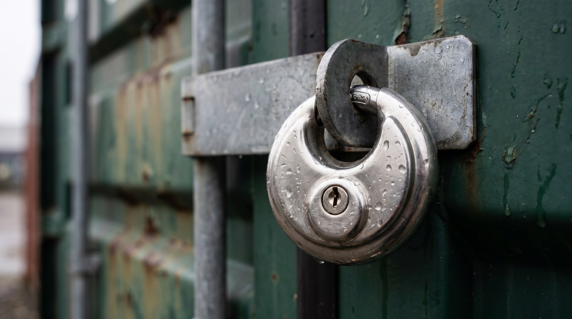 Heavy-duty padlock fitted to a container door